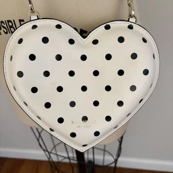 Kate Spade 3D Cabana Dot Heart Crossbody Parchment with Black Dots - Picture 2 of 12